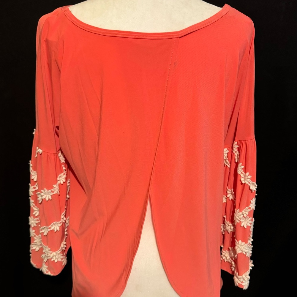 Coral Split Back 3/4 Bell Sleeves w Crocheted flowers Blouse - Picture 2 of 4